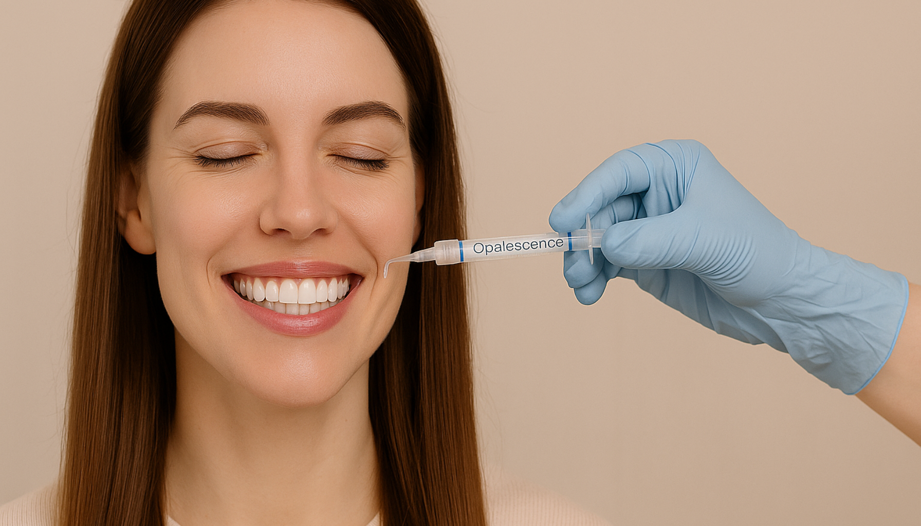 Tannbleking med Opalescence: Hvite Tenner Uten Risiko? 4 Kvinne smiler under profesjonell tannbleking med hvite tenner i moderne klinikk og rolig atmosfære.