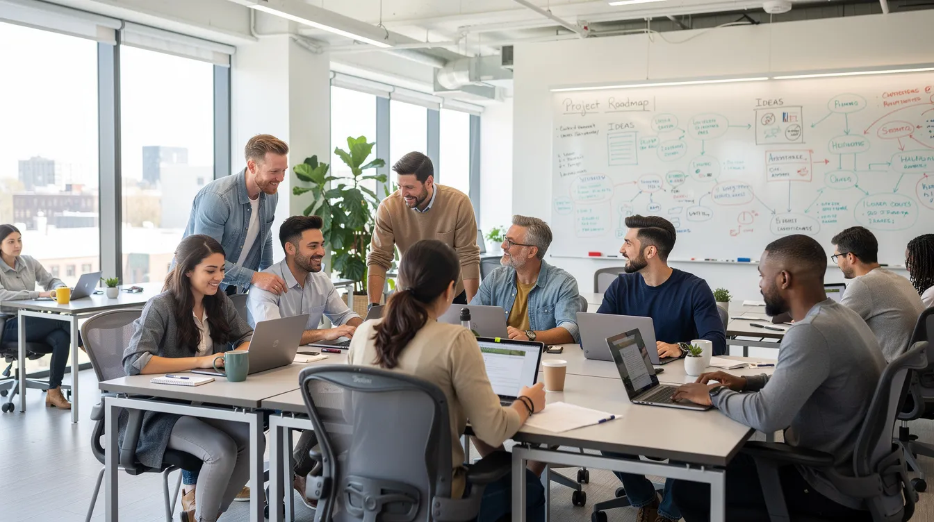 A group of young professionals is collaborating in a modern open office space, surrounded by laptops and whiteboards, embodying the tech-savvy and flexible work arrangements sought by Gen Z workers. This dynamic environment highlights their focus on meaningful work and career development, as they engage in practical learning and problem-solving to thrive in the competitive job market.
