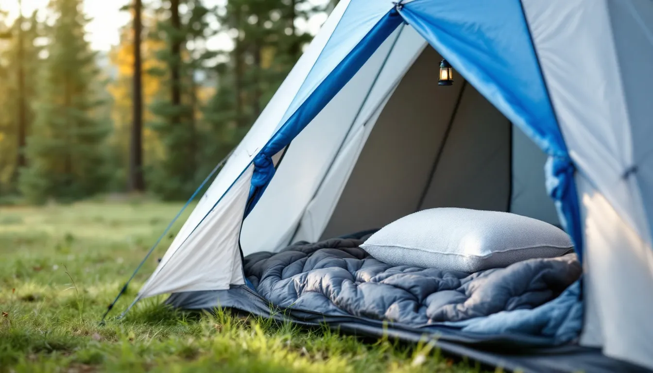A cozy camping scene features a tent setup with a sleeping bag laid out and a supportive inflatable pillow resting on top, creating an inviting spot for a comfortable night's sleep. Nearby, a stuff sack holds additional camping gear, enhancing the outdoor experience.