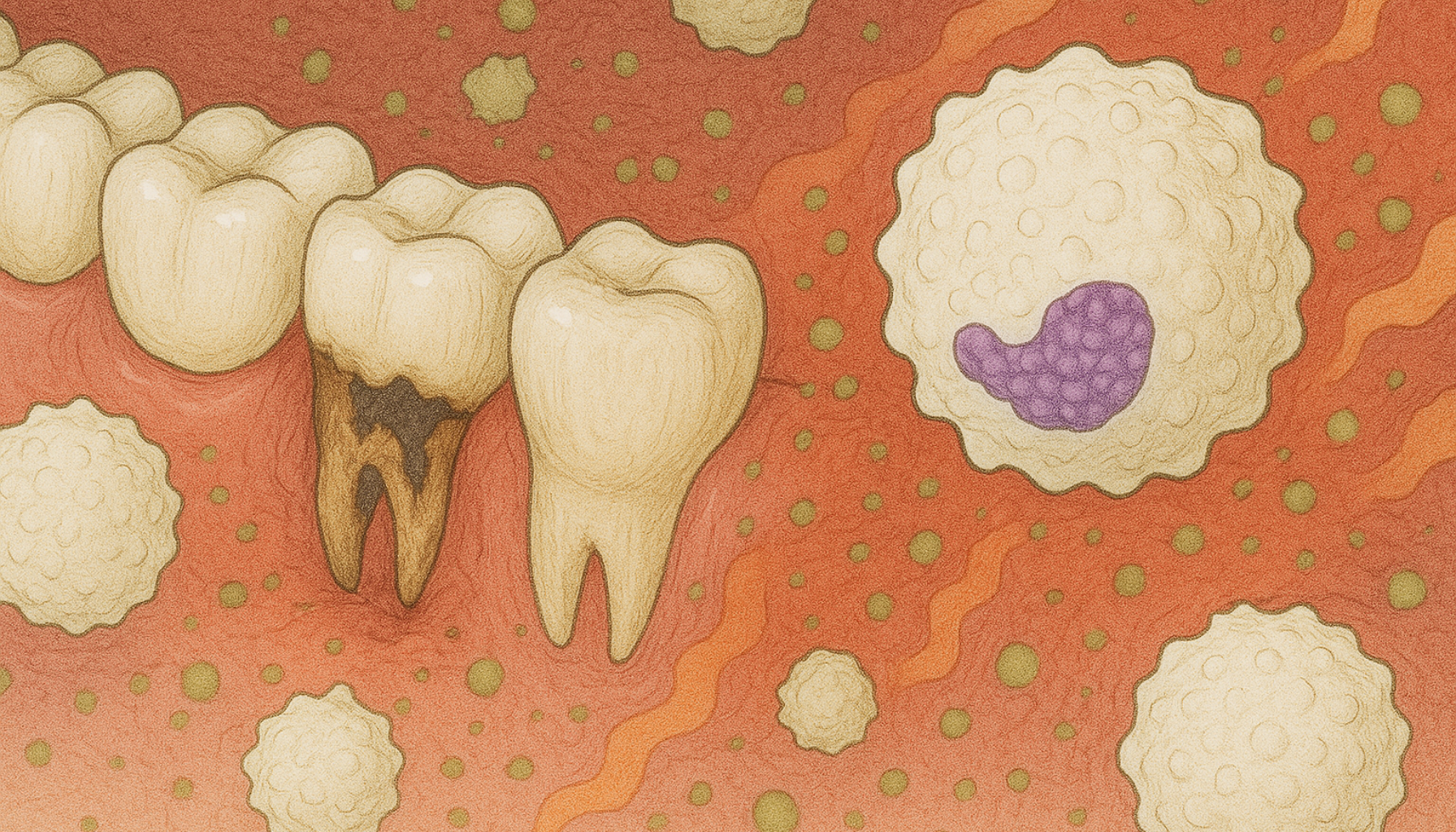 Hvite blodceller angriper bakterier rundt en infisert tann, beskytter kroppen mot tanninfeksjoner.