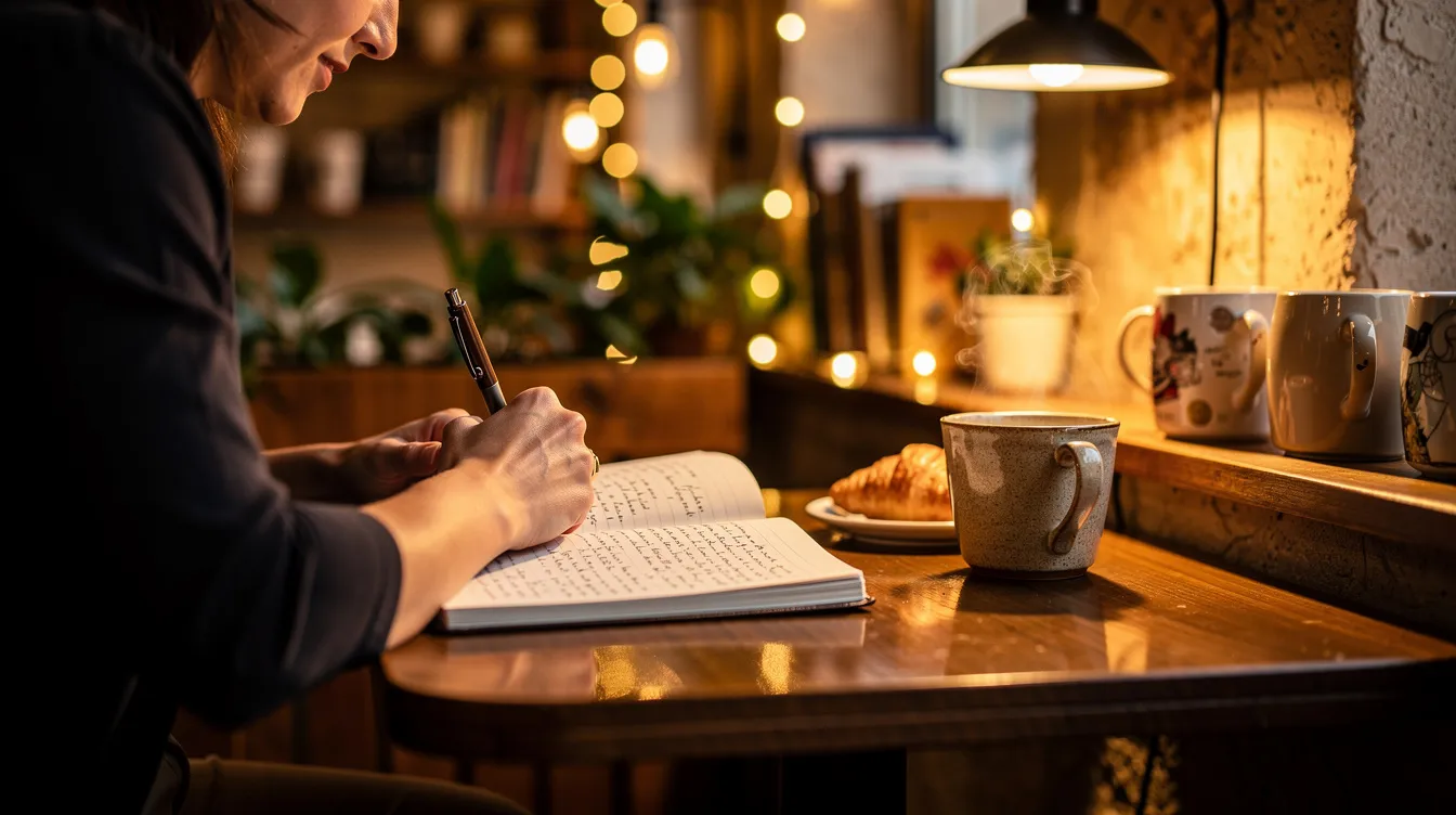 A person is sitting at a cozy cafe, writing in a journal under warm lighting, reflecting on their past relationships and the emotions that come with moving forward in life. This scene captures the essence of self-care and processing feelings, as they pen down thoughts about their previous partner and the journey towards new memories and healthier relationships.