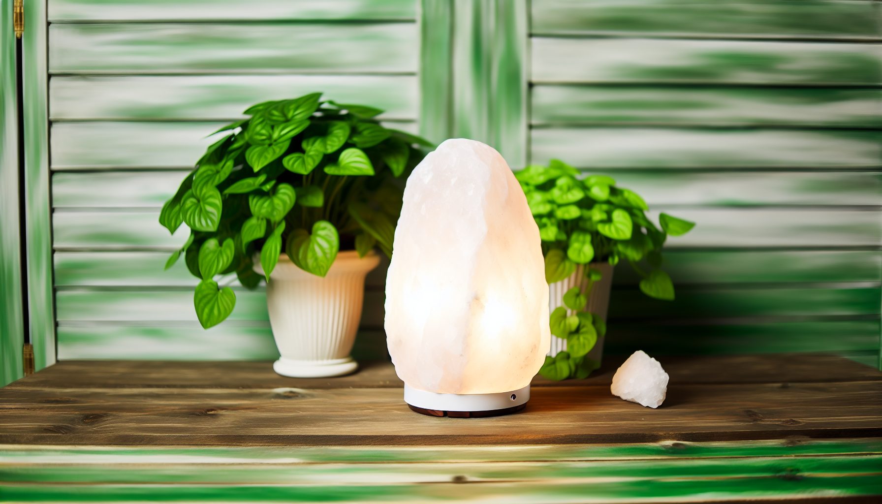 A white Himalayan salt lamp as a centerpiece on a wooden table surrounded by green plants