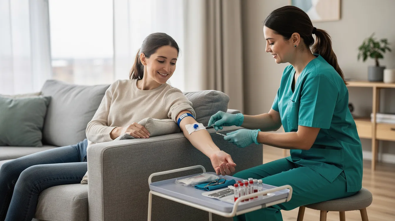 A medical professional in scrubs is drawing blood from a patient who is seated comfortably on a sofa in a modern living room, showcasing the convenience of home lab tests for routine health checkups. This scene highlights the importance of sample collection for accurate lab test results in a relaxed environment.