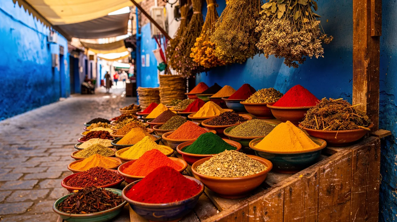 A vibrant display of colorful spice bowls and dried herbs fills a market stall nestled in a narrow alley with striking blue walls, characteristic of the medina of Essaouira, a UNESCO World Heritage site. The scene captures the essence of Moroccan culture and the bustling atmosphere of this charming coastal city.