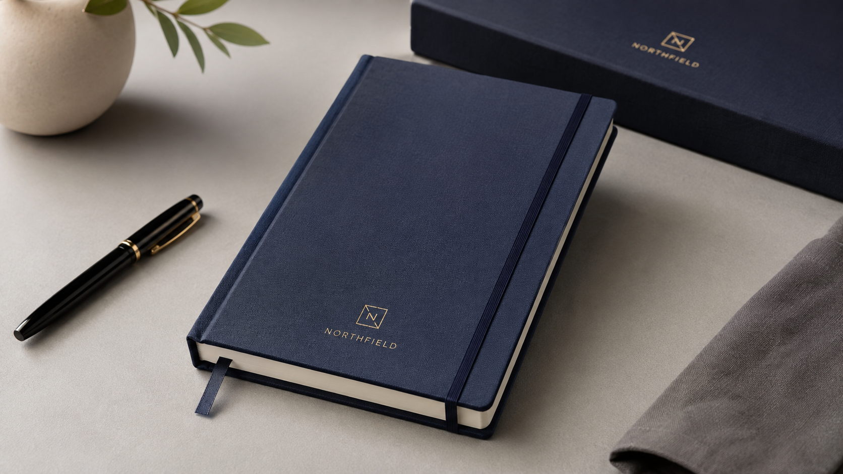 Navy hardcover notebook with ribbon bookmark, pen, and presentation box