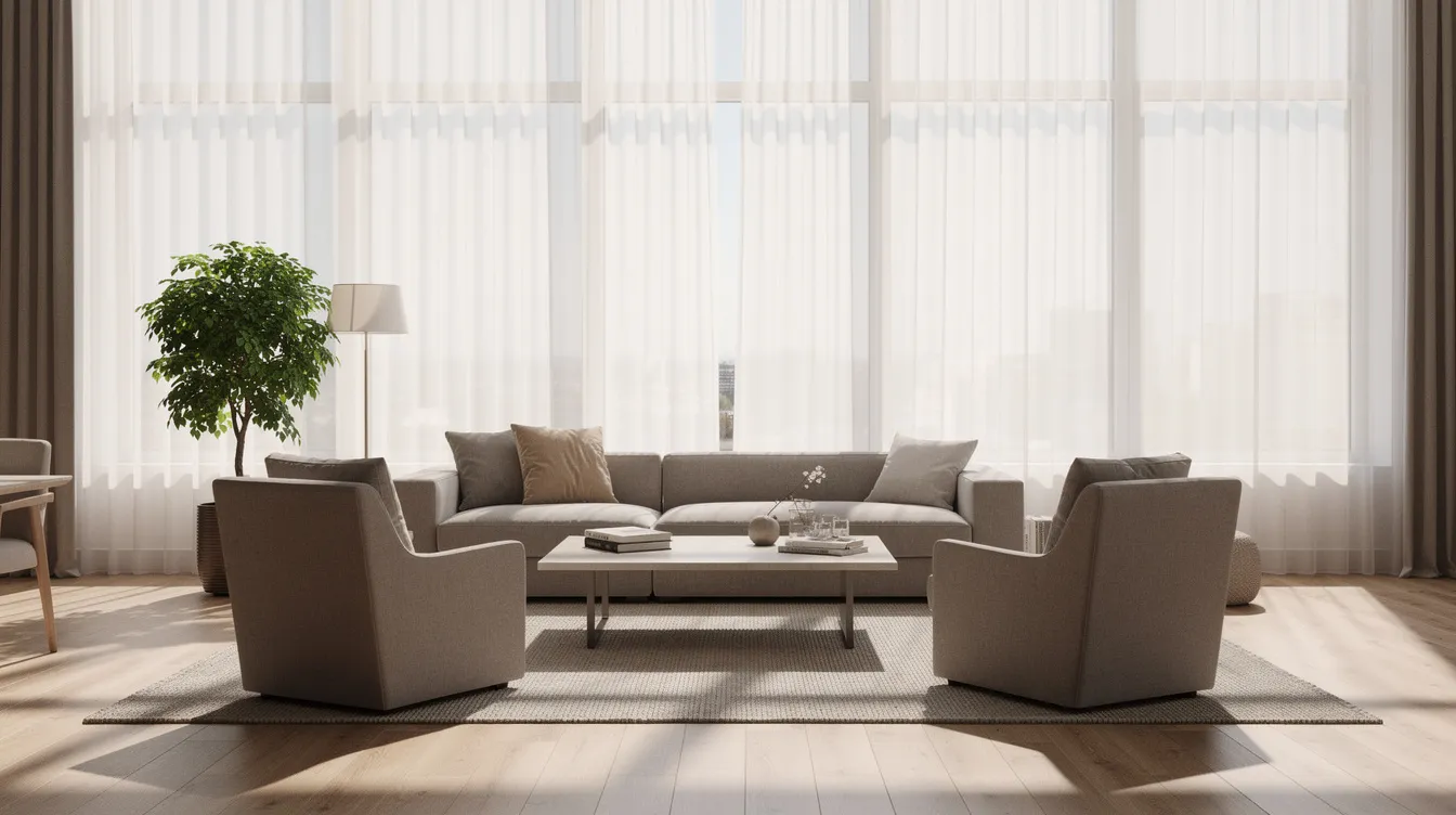 A modern living room features large windows that allow soft natural light to filter through, creating a warm and inviting atmosphere. The comfortable furniture arrangement near the windows enhances the living environment, making it an ideal space for relaxation while also considering options for window tinting to reduce glare and protect against harmful UV rays.