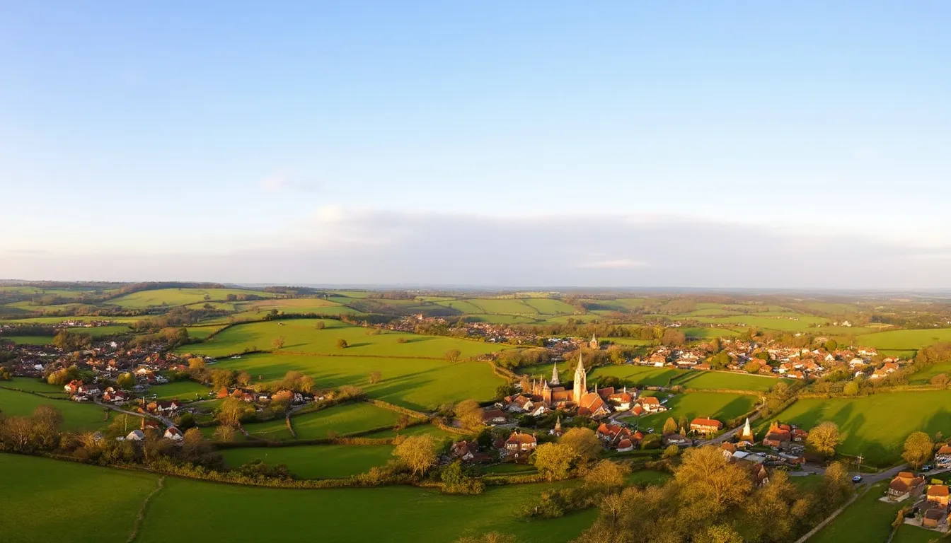 A panoramic view of the Surrey Hills showcases rolling green countryside dotted with traditional English villages, highlighting the area's outstanding natural beauty and rich history. This serene landscape offers a perfect blend of rural charm and easy access to bustling towns, making it an ideal place for families and residents alike.