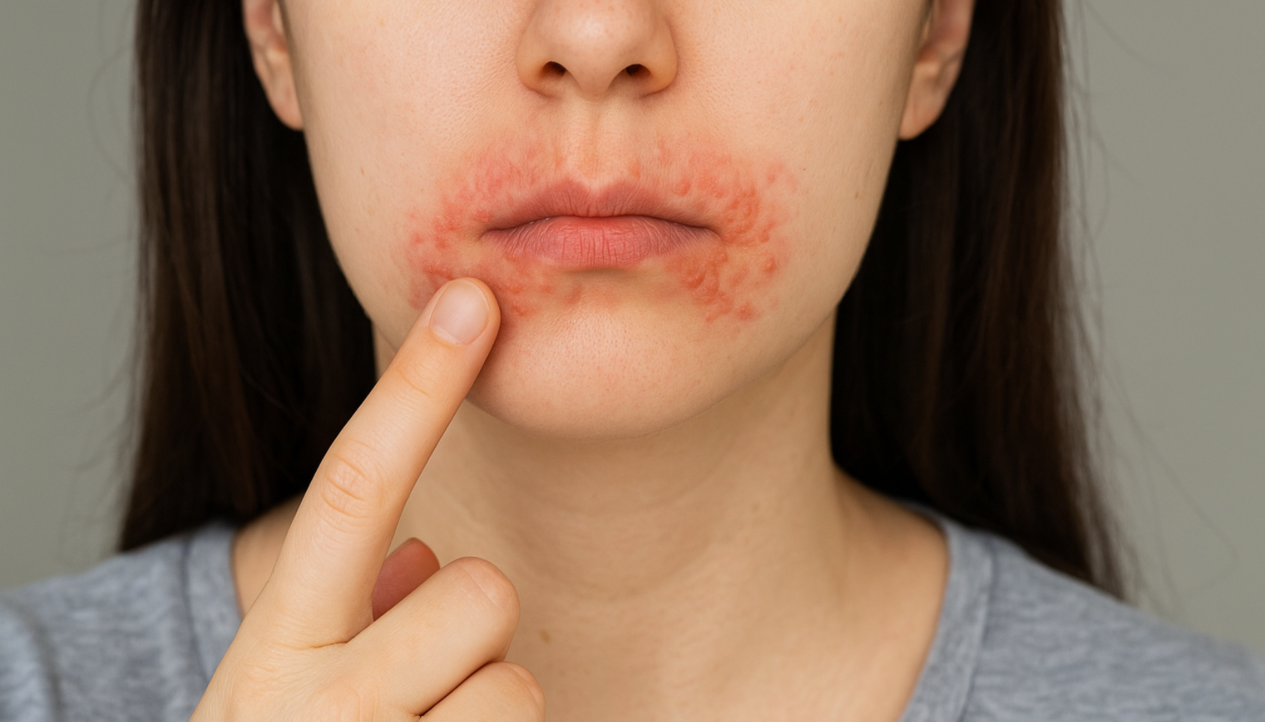 Nærbilde av kvinne med rødhet og utslett rundt munnen, typisk for perioral dermatitt, i naturlig lys. utslett hos barn utslett hos kontakte lege atopisk eksem tørr hud kløende utslett huden armer og ben rundt munnen andre symptomer femte barnesykdom utslettet ofte lege hos eksem får behandling barn bør andre kløe hud blemmer barnet feber kroppen oppstår symptomer vanligvis årsaker kløende årsaken ulike røde små klør rødt sykdom tilfeller kontakt flere sykdommen vanlig oppstå finnes typer mer området gir rundt rød går ansiktet vannkopper symptomene dersom gjerne reaksjon finne fleste tørr kontakteksem vanlige føre kontakte fører områder ansikt råd allergi eksempel dager sykdommer flekker oftest kommer følge hevelser ufarlige