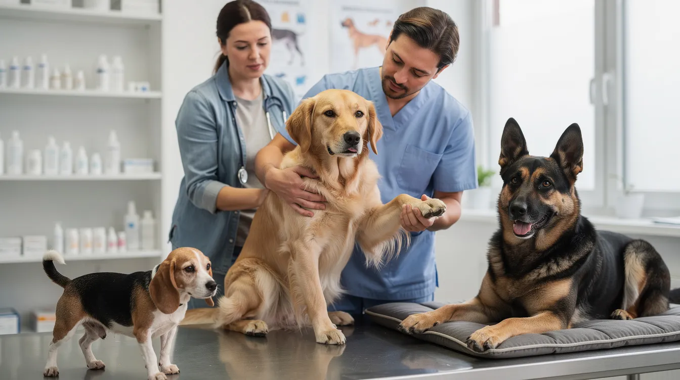 The image depicts a concerned pet owner observing their dog, which is exhibiting signs of pain such as a hunched posture and flattened ears. The dog's behavior suggests it may be experiencing discomfort, highlighting the importance of recognizing common signs of pain in dogs for effective pain management.