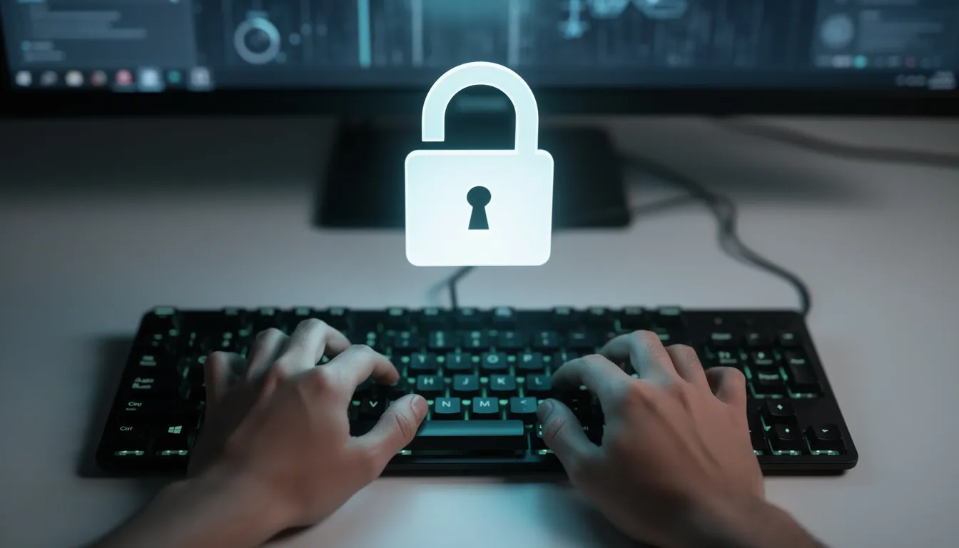 En bild av händer som skriver på ett tangentbord, med en hänglåssymbol i fokus, vilket symboliserar vikten av datasäkerhet när man spelar på online casinon. Denna bild betonar behovet av att välja casinon med svensk licens för att undvika svartlistade casinon och spela ansvarsfullt.