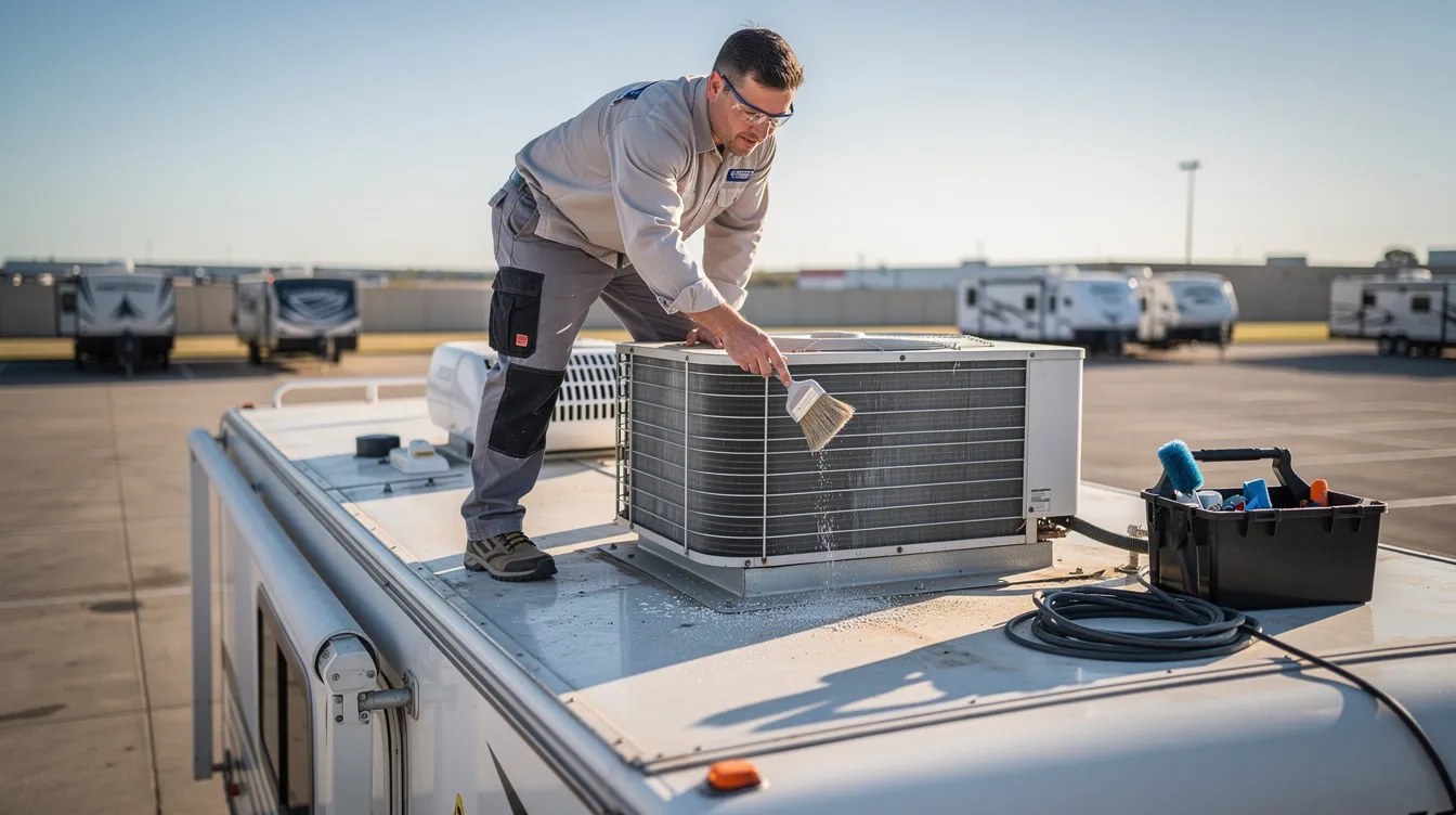 A person is standing on the roof of an RV, using a soft brush to clean the dirty condenser coils of a rooftop air conditioner. This maintenance helps ensure good airflow and efficient cooling from the RV AC unit, especially during warm weather.