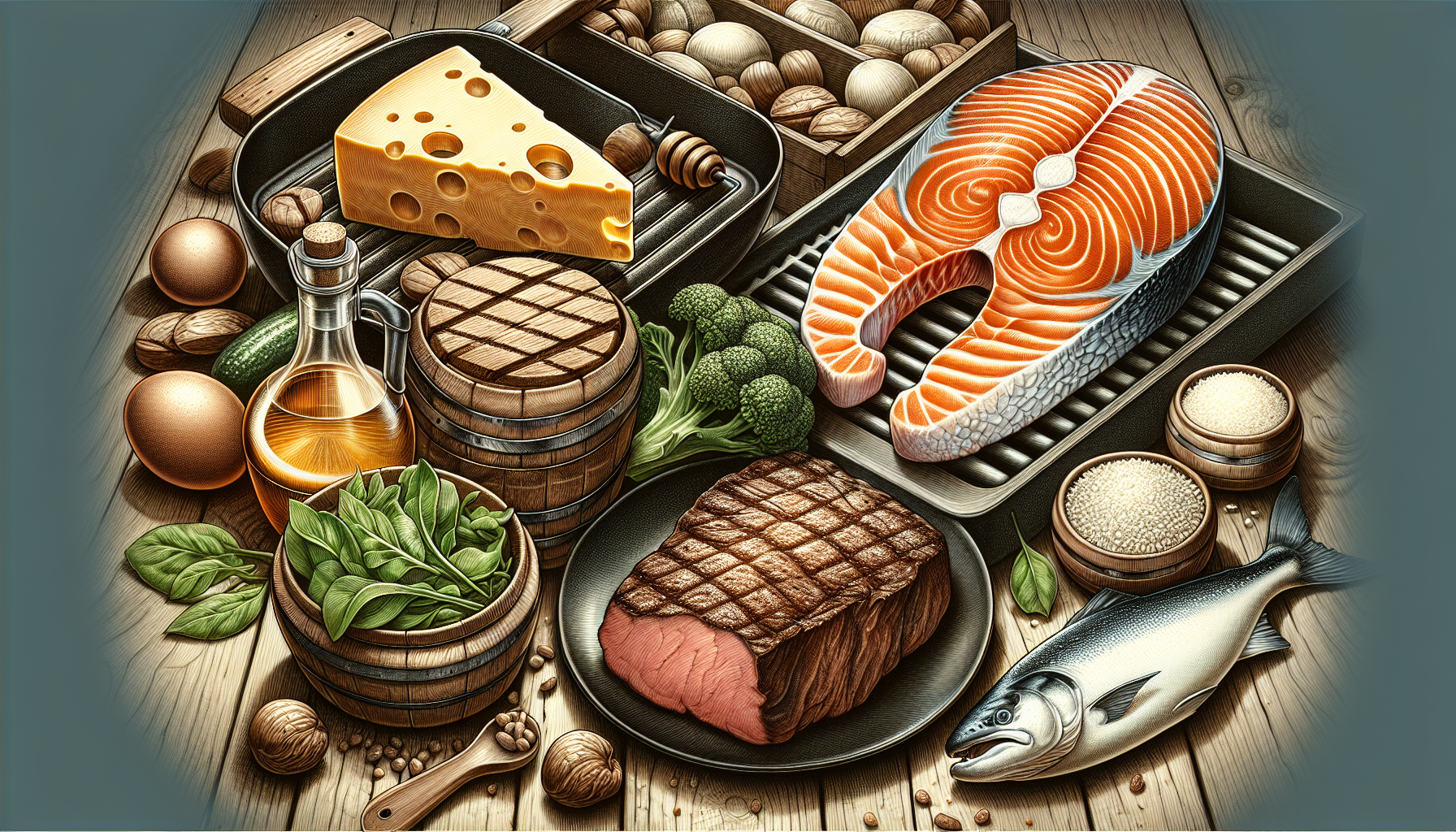 Illustration of high-protein foods like meat, fish, and dairy