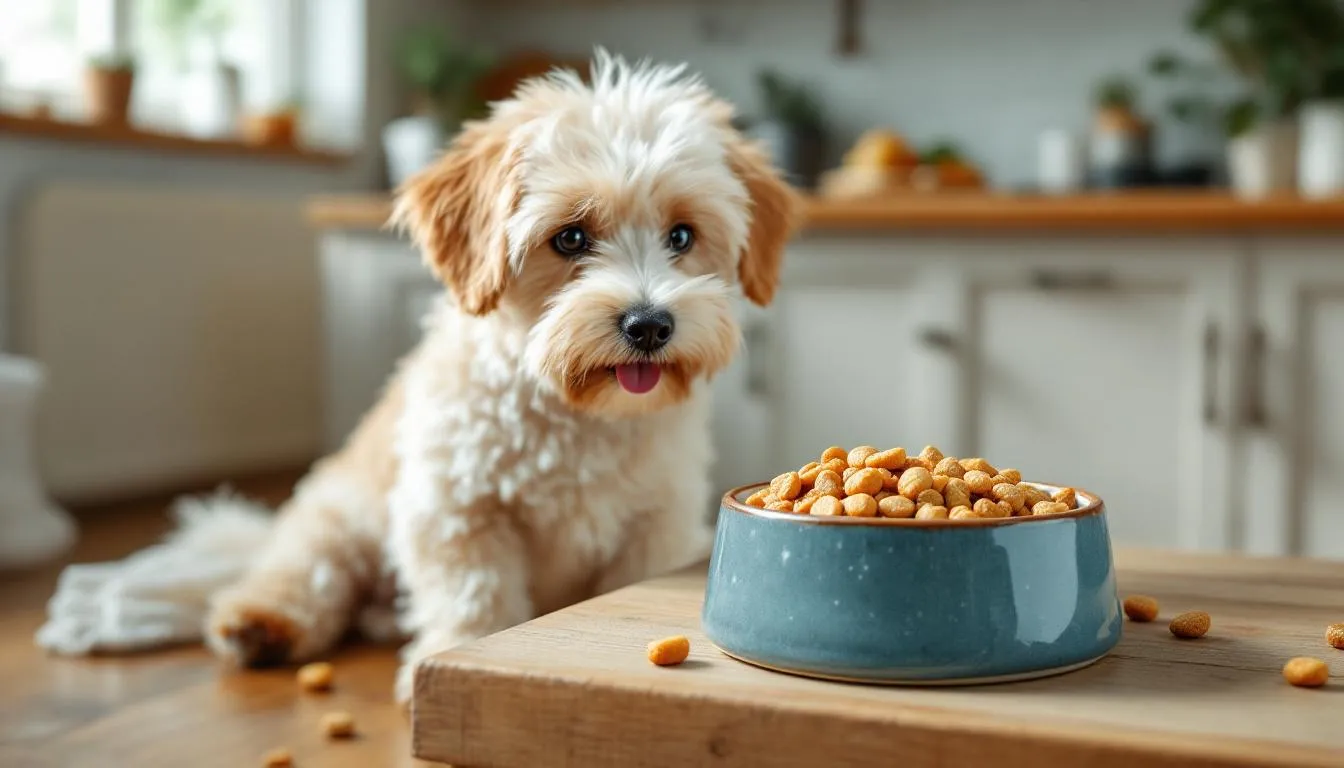 A Maltipoo dog is happily eating high-quality dog food from a vibrant dog bowl, showcasing its small size and playful nature. The dog's soft, curly fur reflects its Maltese and Poodle parent breeds, emphasizing its affectionate and intelligent temperament.