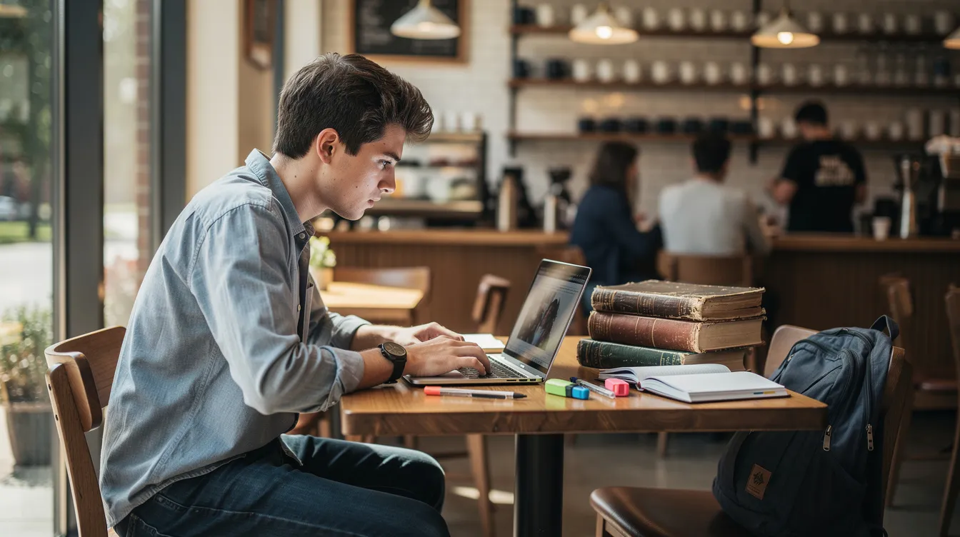 A college student sits at a laptop in a bustling campus cafe, surrounded by books and notes, embodying the essence of student life. The scene reflects the challenges of managing a limited income while attending college, as they balance studies and the pursuit of extra money through part-time jobs or side hustles.