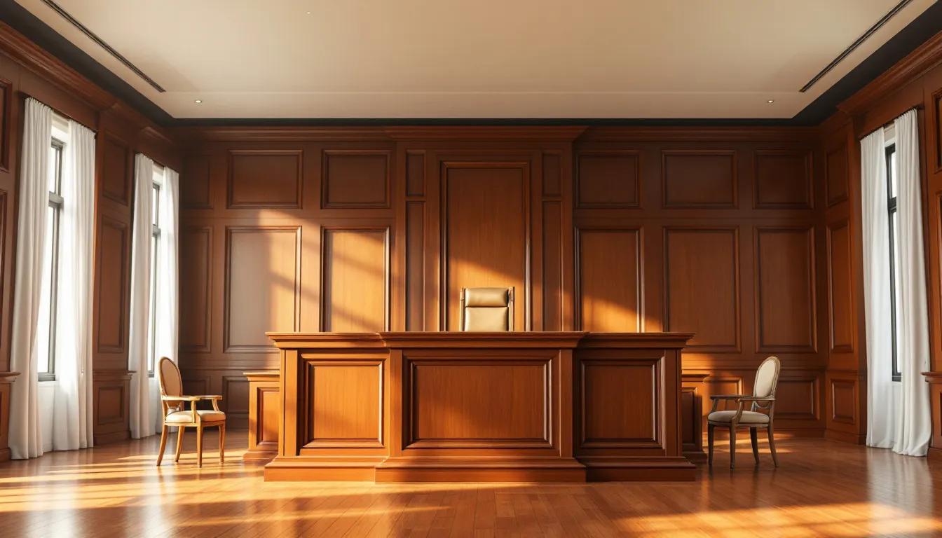 Een afbeelding van een rechtszaal met de rechterlijke bank aan de voorkant en het gebied voor de verdachte. De setting is bedoeld voor een pro forma zitting, waar de rechter beslist over de voortgang van de strafzaak en de verdachte aanwezig is.