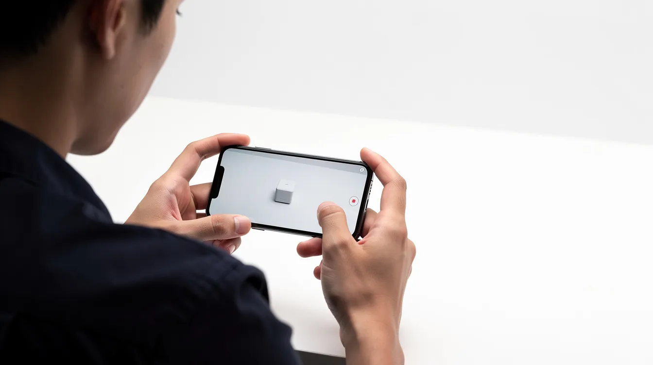 An individual is holding a smartphone, capturing a photo of a product placed on a pristine white table, showcasing the clarity and detail of the item. This scene highlights the importance of high-quality images, often used in business for effective marketing and online sharing.