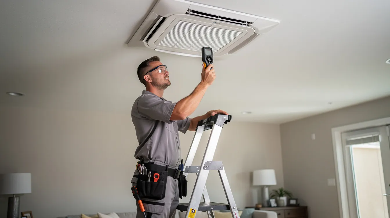 A technician is measuring the airflow from a ceiling vent in a home, ensuring the efficiency of the HVAC system. This process is crucial for optimizing air conditioning performance and potentially lowering monthly energy bills.