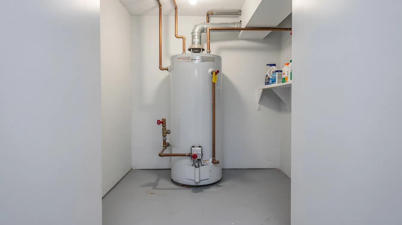 The image shows a residential water heater neatly installed in a clean utility closet, featuring copper piping connections that ensure efficient operation. This setup is crucial for homeowners looking to address plumbing projects with reliable materials and labor for their water heating needs.