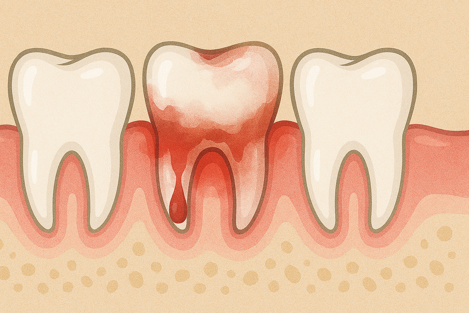 Blødende Tannkjøtt: Kroppens Tidlige Varsellampe 13 Illustrasjon av blødende tannkjøtt rundt en tann, med betennelse og bloddråpe mellom friske nabotenner i underkjeven.