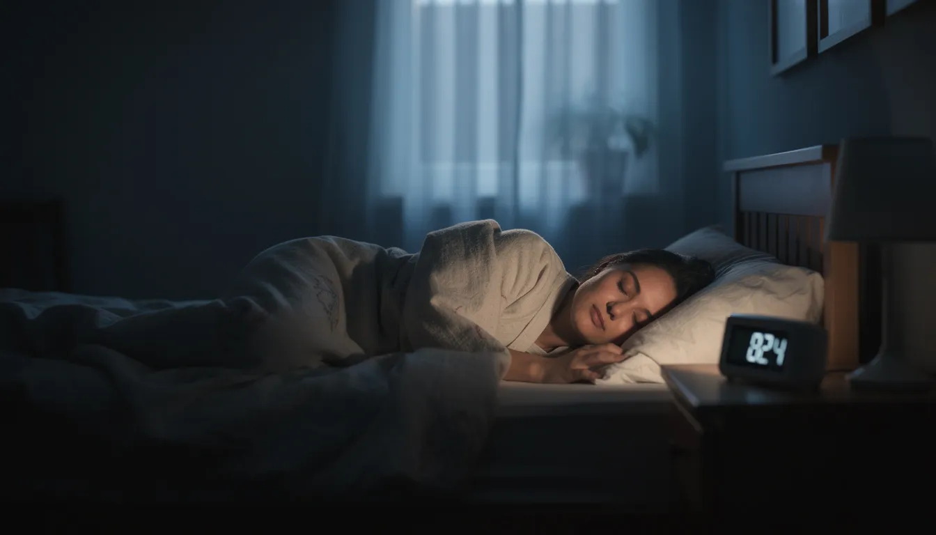 A person is sleeping peacefully in a dark bedroom, surrounded by a calm atmosphere that promotes restful sleep, essential for muscle recovery and overall health. Quality sleep is crucial for fitness enthusiasts, as it supports muscle growth and replenishes energy stores after intense workouts.