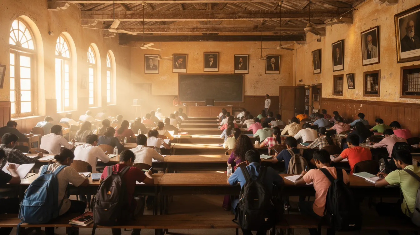 Ein großer Vorlesungssaal in einem historischen indischen Universitätsgebäude ist voller Studenten, die aufmerksam dem Vortrag lauschen. Warmes Tageslicht strömt durch hohe Fenster und schafft eine einladende Atmosphäre für das Lernen und die Auseinandersetzung mit Themen wie der Filmanalyse von "Five Point Someone" und den Figuren wie Raju und Rancho.
