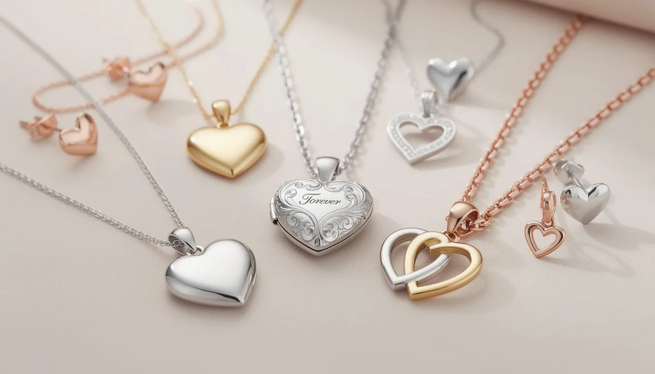 The image features a collection of heart necklaces in various styles, including sterling silver heart necklaces and gold options in yellow, rose, and white gold. Each necklace showcases unique designs, such as heart-shaped lockets and intertwined hearts, symbolizing affection and unity, perfect for gifting loved ones.