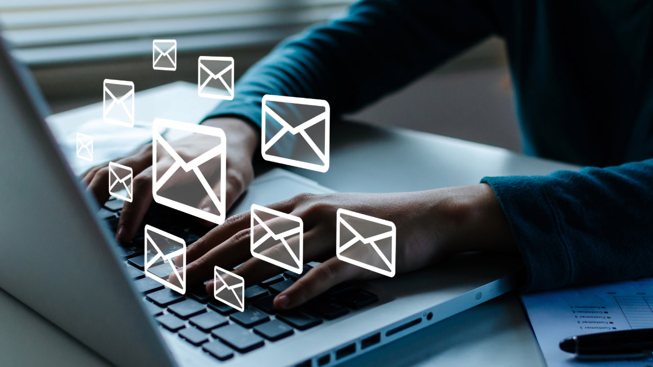 email reports, person using laptop
