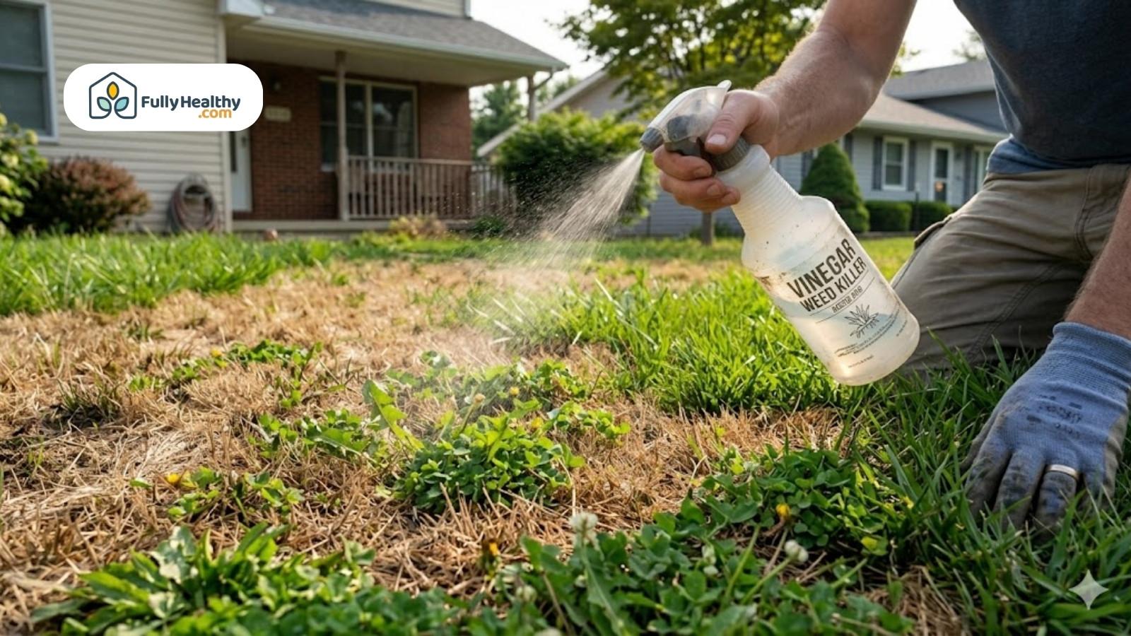 Person spraying vinegar weed killer on lawn weeds in residential yard