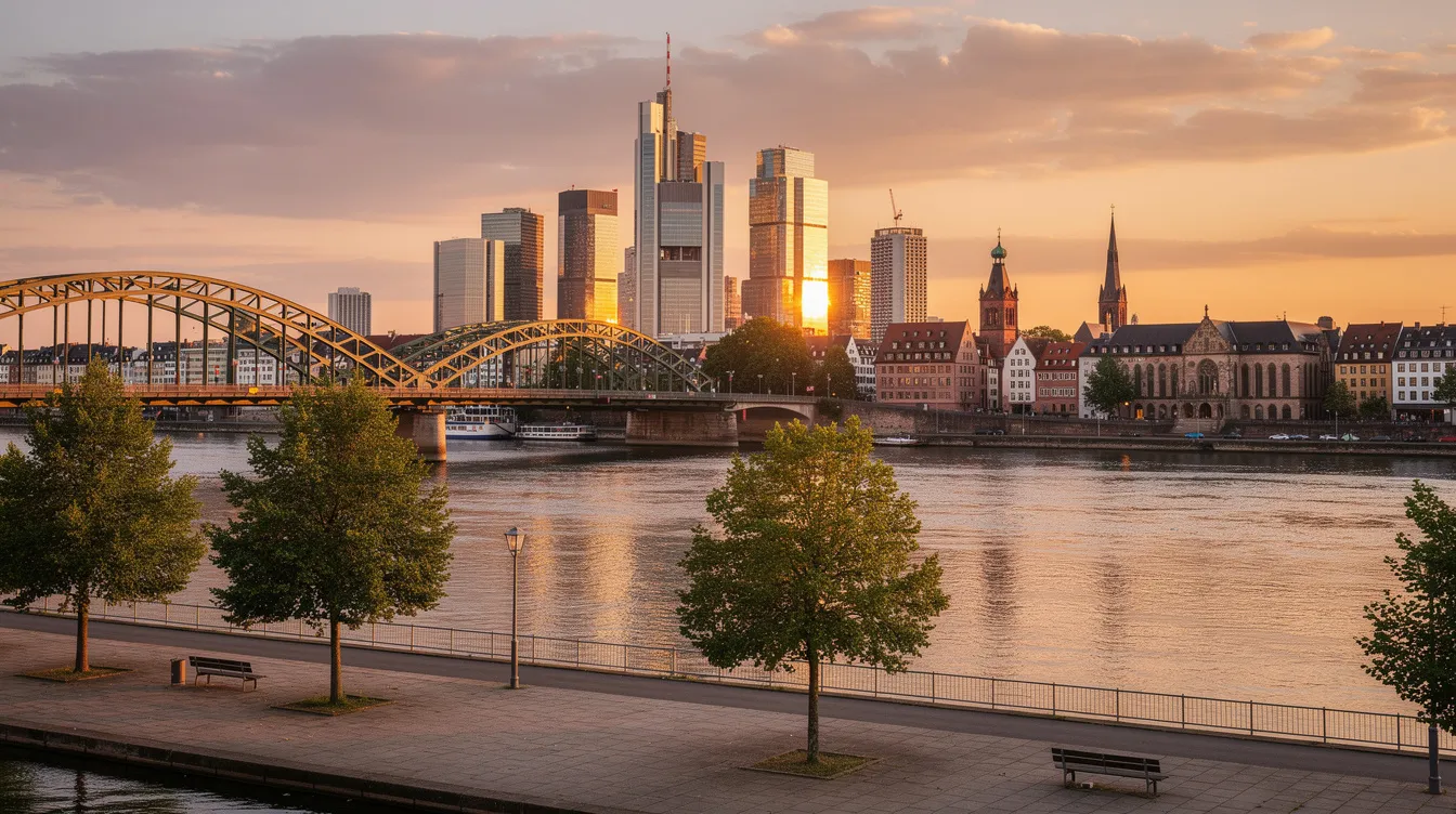 Der Blick auf die Frankfurter Skyline bei Sonnenuntergang zeigt die beeindruckenden Wolkenkratzer, die sich majestätisch über dem Mainufer erheben, während historische Gebäude und Brücken im Vordergrund die Szene abrunden. Diese stimmungsvolle Kulisse könnte gut als Inspiration für einen Filmkomponisten wie Hans Zimmer dienen, dessen Werke oft solche urbanen Landschaften begleiten.