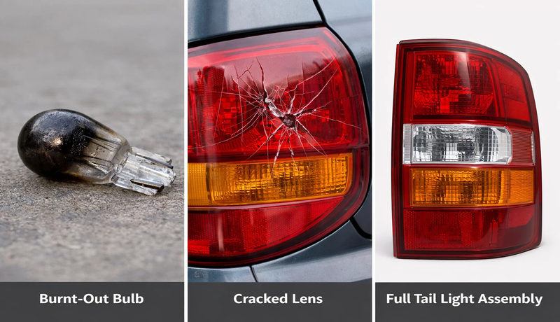 Tail light bulb, cracked lens, and full tail light assembly