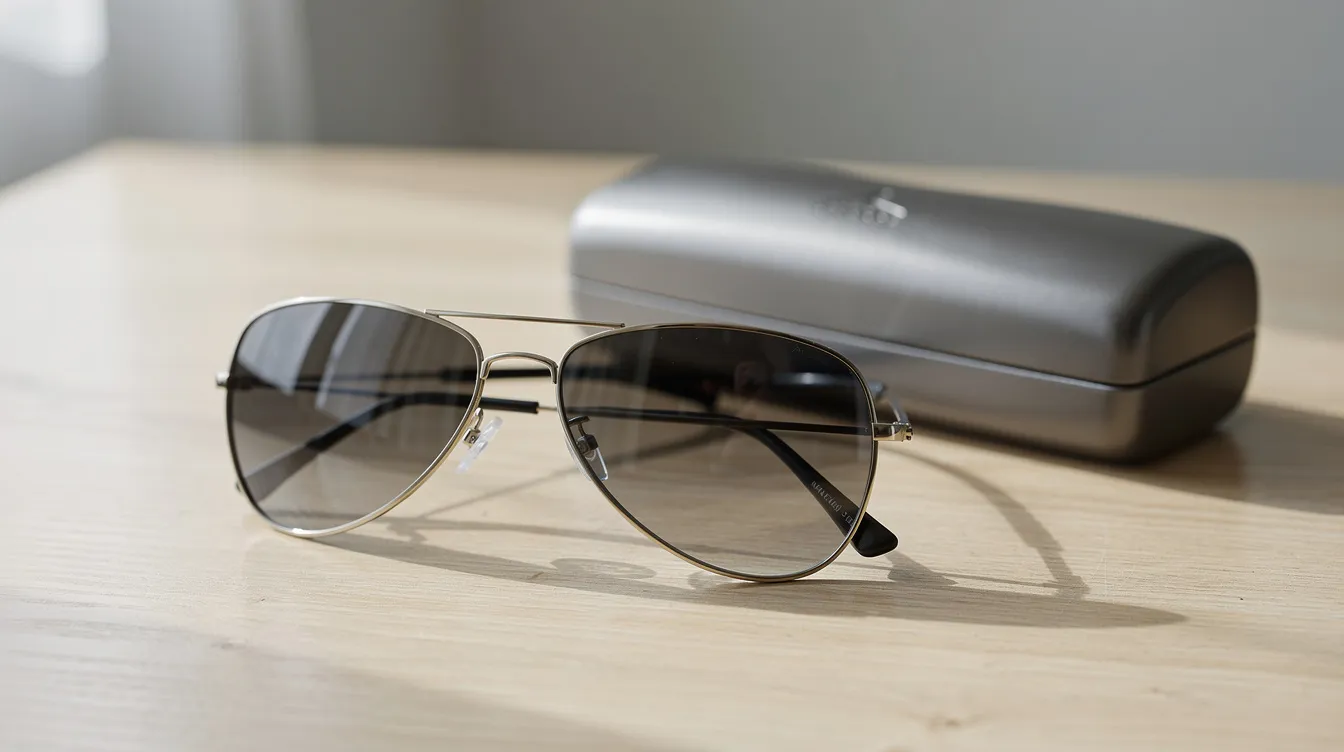 Imagem de óculos de sol estilo aviador da marca Ray Ban, apoiados sobre uma superfície de madeira clara, ao lado de um estojo rígido. Os óculos têm uma armação clássica e elegante, evidenciando sua qualidade e design contemporâneo.