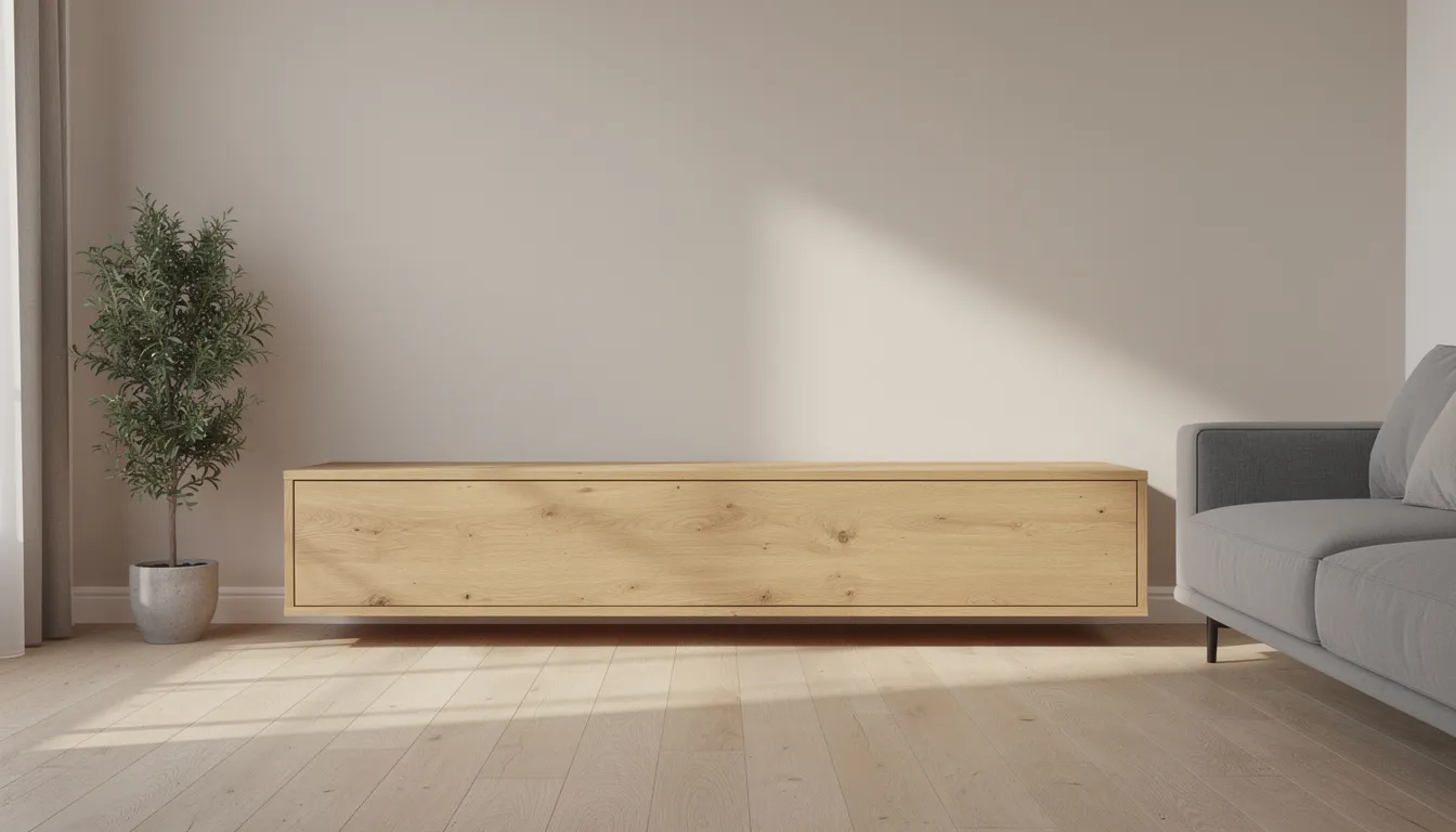 TV meubel robuust hout: stoere blikvanger voor jouw woonkamer Een breed laag tv meubel van massief eikenhout staat in een lichte woonkamer, omringd door een grijze bank en neutrale muurkleuren. Dit houten tv meubel voegt een robuuste uitstraling toe aan de ruimte en biedt praktische opbergruimte met open vakken en lades.