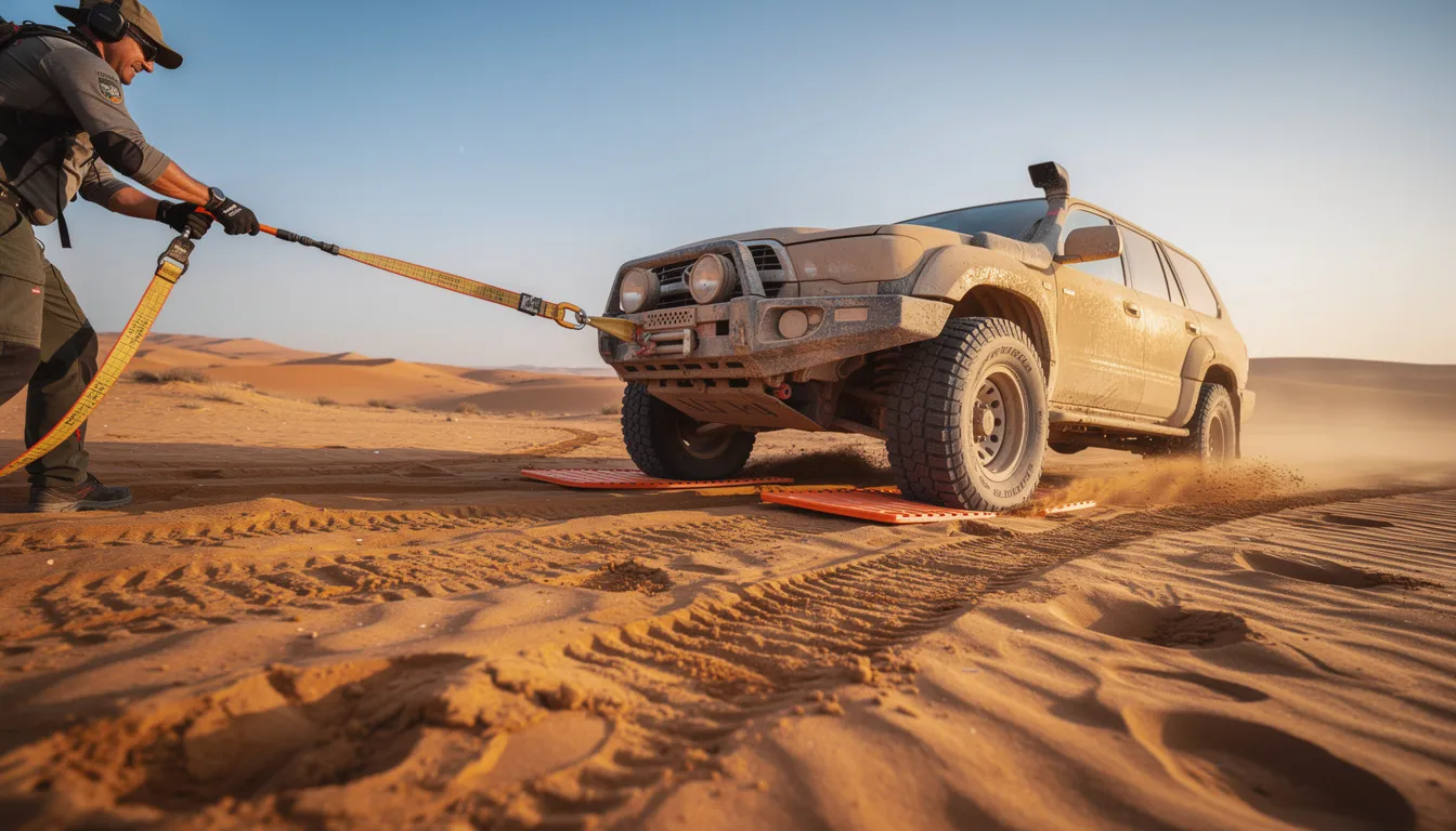 An off-road vehicle is being recovered from sandy terrain using recovery boards and straps, showcasing the importance of ARB 4x4 accessories for adventurous journeys in challenging environments. The scene captures the essence of off-road exploration, highlighting the vehicle's durability and the innovative engineering behind its recovery gear.