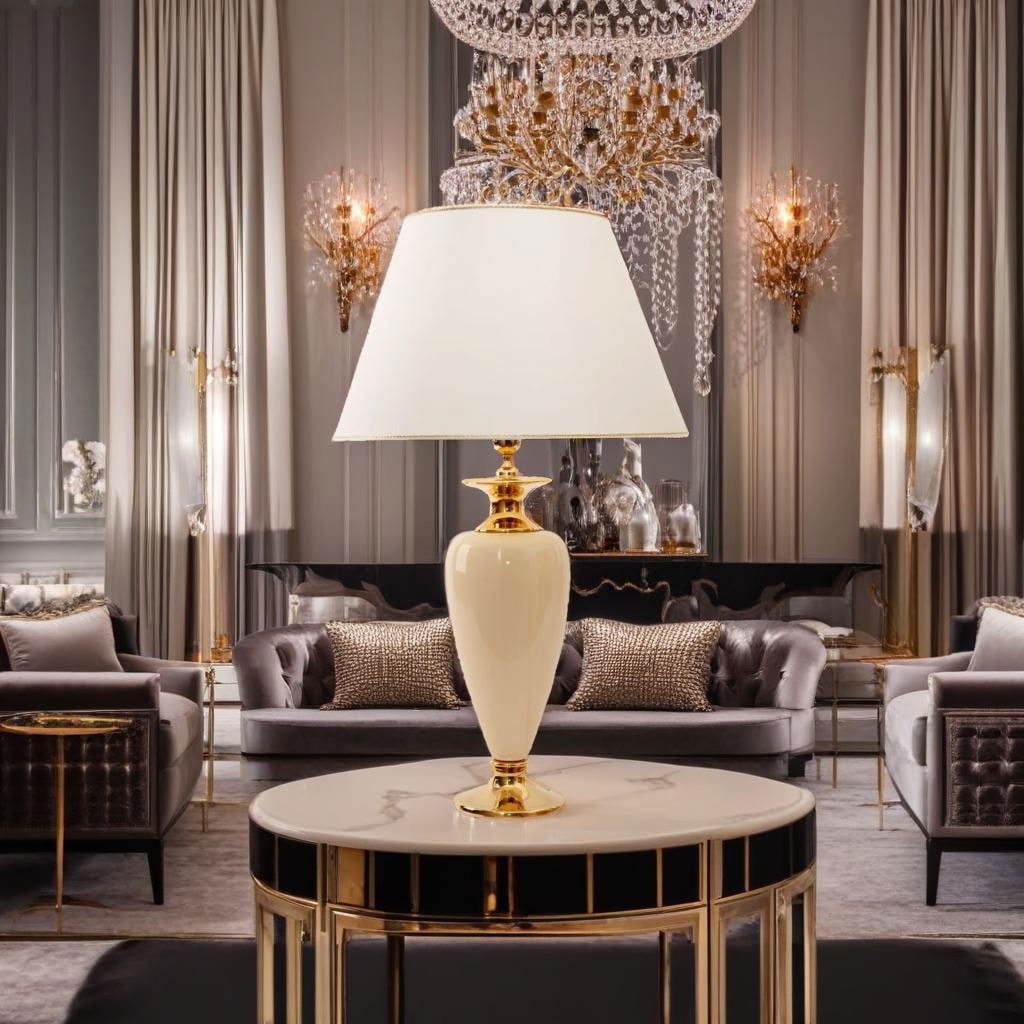 In einem eleganten Wohnzimmer stehen antike und moderne goldene Tischlampen nebeneinander, die durch ihre unterschiedlichen Designs und Materialien eine stilvolle Atmosphäre schaffen. Die Lampen variieren in Höhe und Form, wobei die goldenen Elemente sowohl klassisch als auch zeitgenössisch wirken und das Licht sanft im Raum verbreiten.