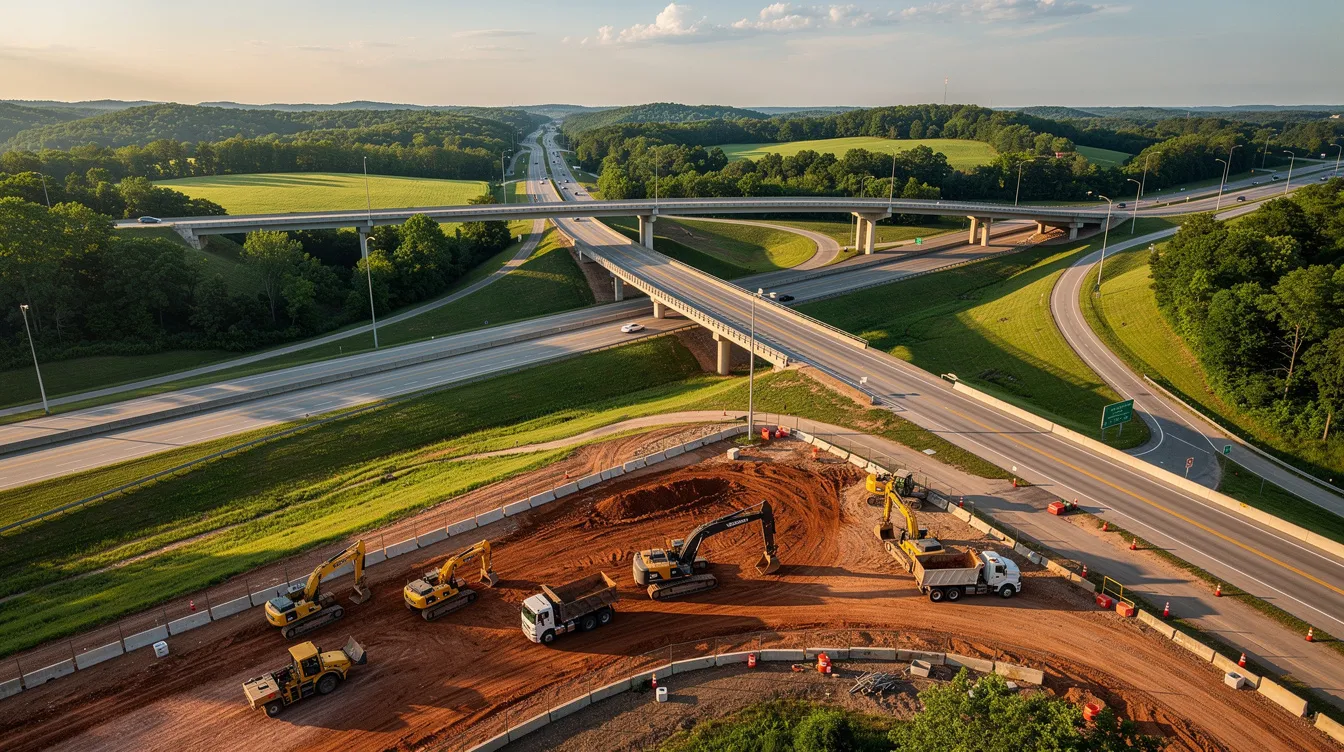 The image depicts a Tennessee highway interchange surrounded by lush greenery, with heavy construction equipment positioned along the roadside, emphasizing the ongoing construction efforts in the area. This scene highlights the importance of safety practices and a safe work environment in the construction industry.