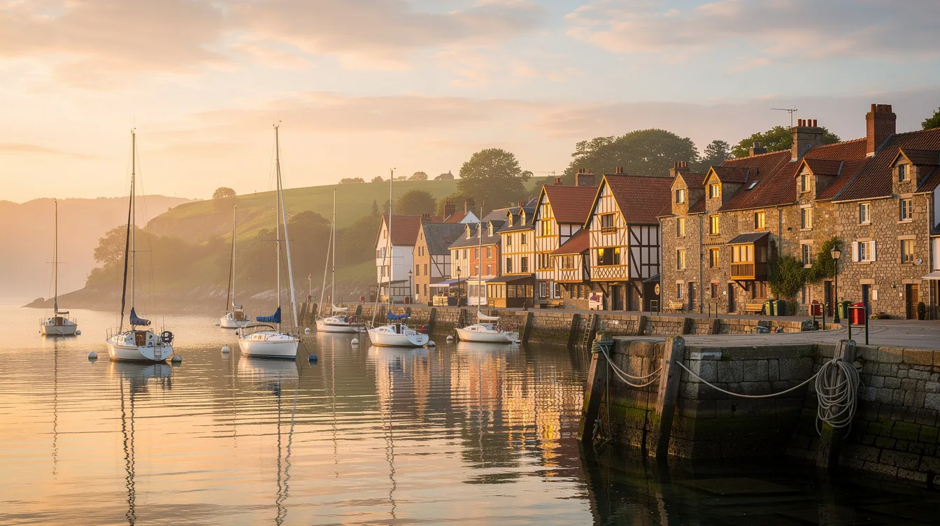 The image depicts a picturesque harbor filled with sailboats, framed by a historic waterfront village showcasing charming architecture. This scenic view highlights the natural beauty of the Connecticut shoreline, inviting visitors to explore the unique blend of maritime history and waterfront living.