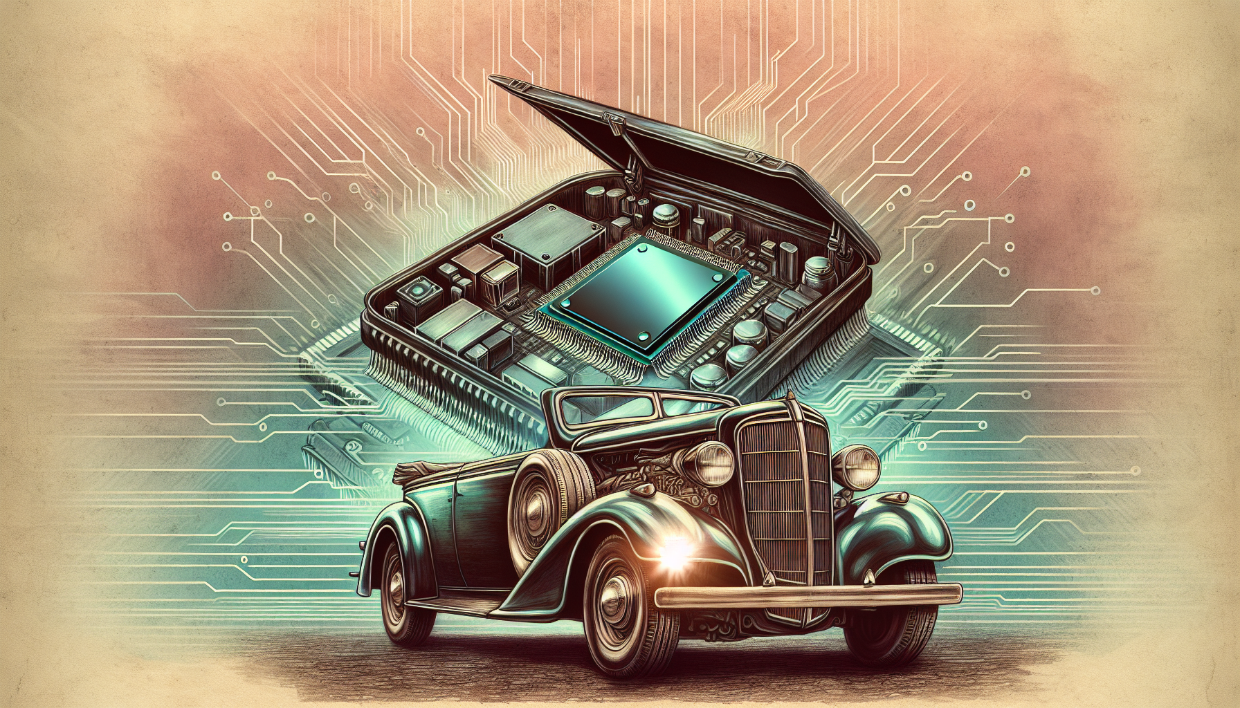 Illustration of vintage car with modern computer chips