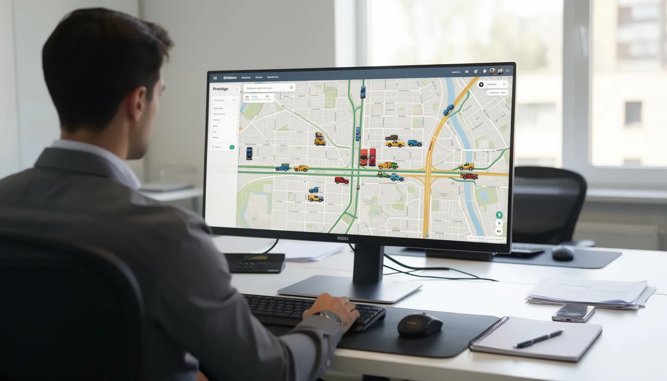 A fleet manager is seated at a desk, intently observing a computer screen that displays a map with multiple vehicle icons, representing real-time locations of commercial vehicles tracked by GPS technology. This visual showcases the use of a GPS tracking system to enhance fleet management and operational efficiency through precise location data.