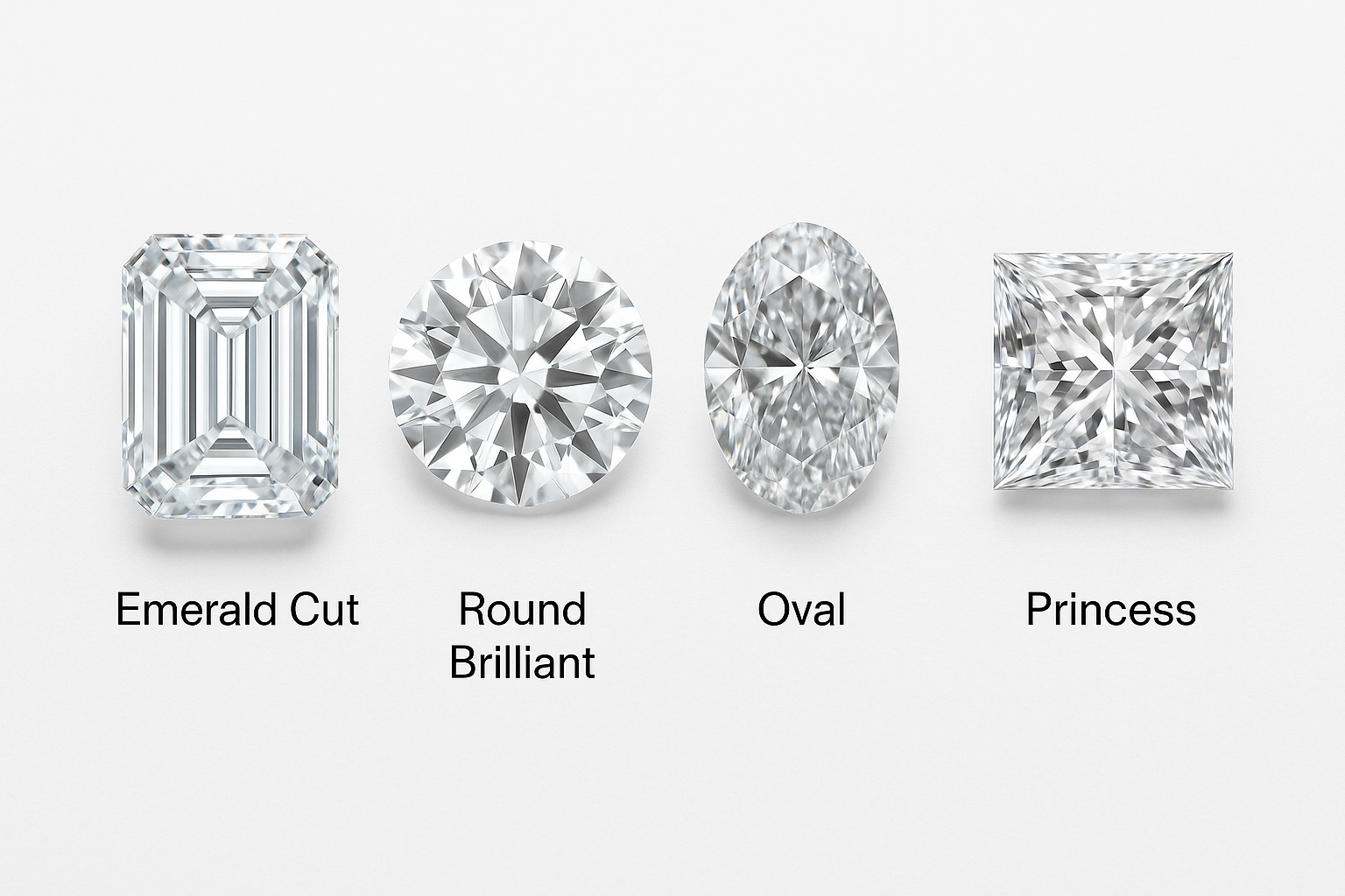 Keturių skirtingų formų deimantų palyginimas baltame fone: stačiakampis „Emerald Cut“, apvalus „Round Brilliant“, ovalus ir kvadratinis „Princess Cut“