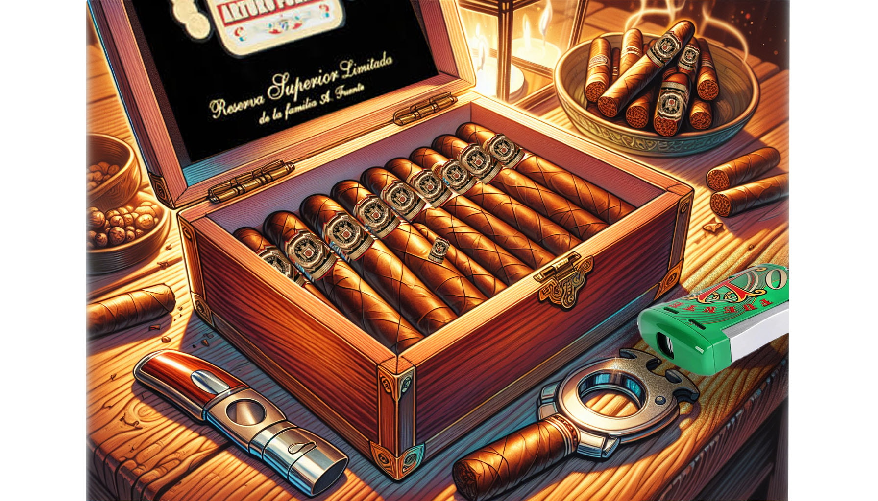 An illustration of an unboxing experience for a cigar box.