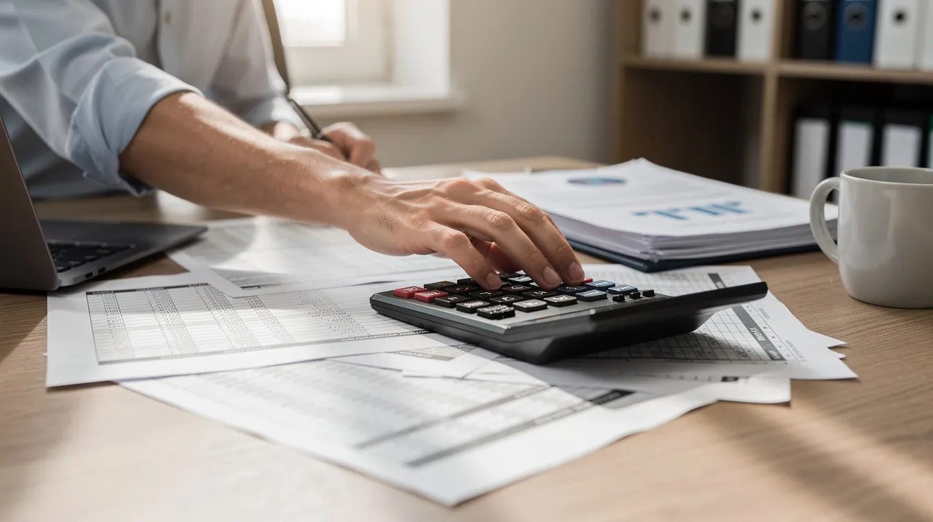 16cf8921 2973 4aea 8477 e78632e7c805 A person is sitting at a desk, focused on a calculator and reviewing various financial papers, including detailed project reports and cash flow statements, which are essential for preparing a business loan application. The scene reflects a diligent effort to analyze financial projections and ensure the project's commercial aspects meet bank requirements.