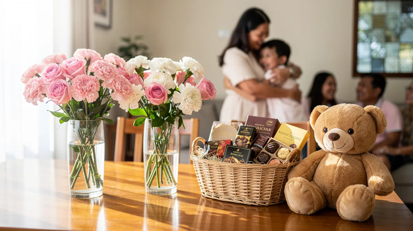 The image showcases an elegant arrangement of fresh pink and white carnations, pink roses, chocolates, a gourmet gift basket, and a soft teddy bear on a polished table in a bright Filipino home. In the softly blurred background, a Filipino mother is joyfully embraced by her child, surrounded by family members celebrating Mother's Day, conveying warmth and gratitude rooted in Filipino culture.