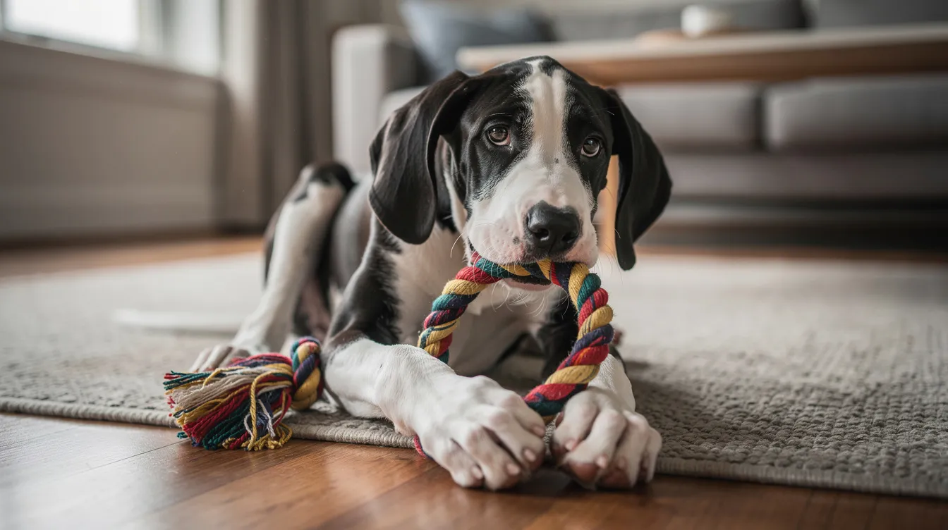 A playful Great Dane puppy is enjoying a rope toy on the living room floor, showcasing its gentle temperament and large breed characteristics. The adorable pup's smooth coat glistens as it engages in fun, highlighting the playful nature of this giant breed.
