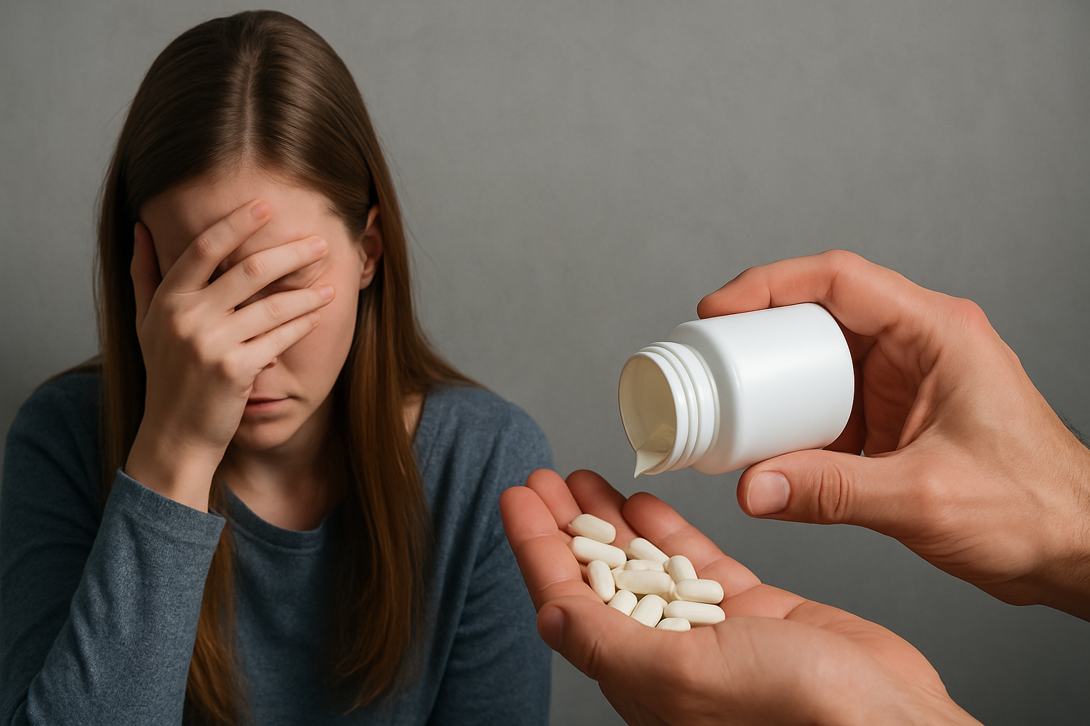 Ung kvinne med angst sitter med hodet i hånden mens noen tilbyr hvite piller – illustrasjon av SSRI ved psykiske plager.
