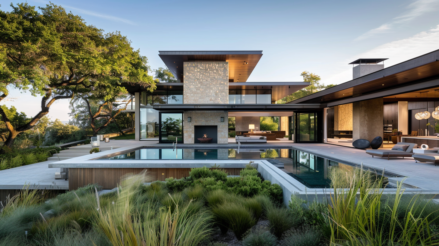 Interior spaces of a high-end residential architecture project featuring natural materials and modern style