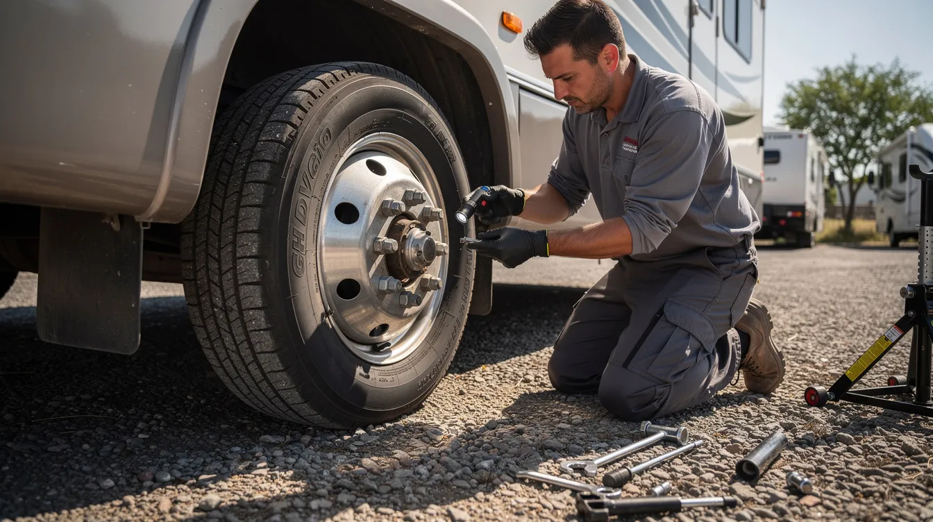A mobile technician is inspecting RV tires and wheel bearings in a gravel lot, ensuring proper maintenance for RV owners. Tools are laid out nearby, highlighting the professional service and expertise involved in mobile RV repairs and inspections.