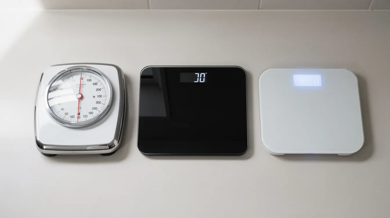 The image shows three different types of bathroom scales arranged side by side on a countertop: an analog dial scale, which uses mechanical components for precise measurements, and two digital scales featuring digital displays that measure body weight and body composition metrics such as body fat percentage and muscle mass.