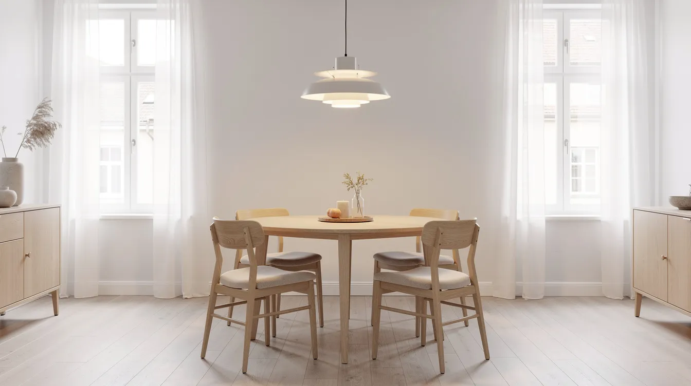 Ett ljust skandinaviskt rum med ett runt matbord i ljust trä, som har en diameter på 120 cm och får plats för fyra personer. Ovanför bordet hänger en stilren taklampa, vilket skapar en elegant känsla i rummet.