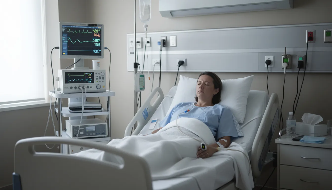 The image depicts a patient resting in a hospital bed, surrounded by medical equipment and monitors that track vital signs. This scene highlights the critical environment of medical care, where patients may seek justice through medical malpractice claims due to potential surgical errors or medical negligence.