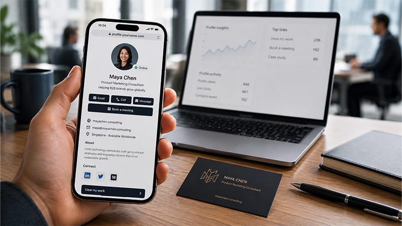 Digital business card profile displayed on a smartphone beside a laptop